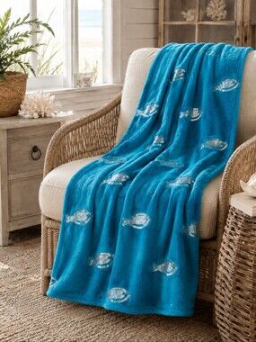 THRO Marlo Lorenz Turquoise Sequin Fish Throw Blanket NWT 50x60